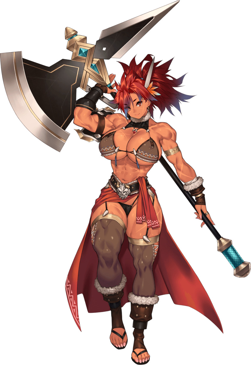 1girl, 2025, armlet, axe, battle_axe, belt, black_panties, blue_hair