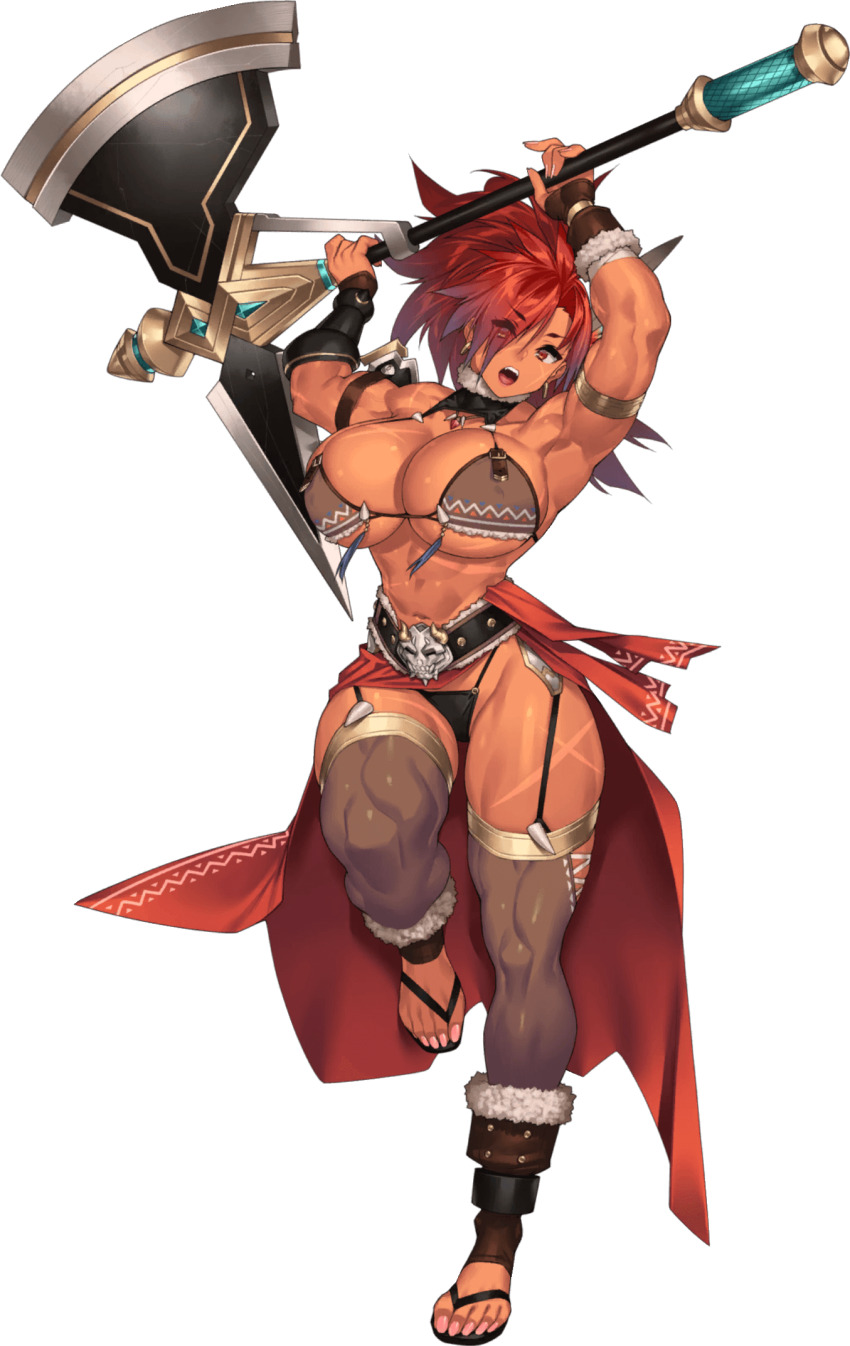 1girl, 2025, armlet, armpits, axe, battle_axe, belt, black_panties, blue_hair, boots, bra, breasts, brown_bra, cape, cleavage, collar, dark-skinned_female, dark_skin, dynamic_pose, eyebrows_hidden_by_hair, feet, female_focus, fingerless_gloves, flower, full_body, fur-trimmed_boots, fur-trimmed_gloves, fur_trim, garter_belt, garter_straps, geldin_(kyonyuu_fantasy_burst), gloves, gradient_background, hair_flower, hair_ornament, highres, horns, huge_breasts, huge_weapon, jewelry, kyonyuu_fantasy_burst, lace_trim, long_hair, looking_at_viewer, messy_hair, muscular, muscular_female, muscular_legs, nail_polish, official_art, panties, pink_nails, ponytail, red_cape, red_eyes, red_hair, scar, serious, single_horn, skindentation, standing, standing_on_one_leg, stirrup_legwear, teeth, thighs, toeless_legwear, toenail_polish, toenails, toes, toned, toned_female, transparent_background, underwear, upper_teeth_only, v-shaped_eyebrows, variant_set, waist_cape, weapon