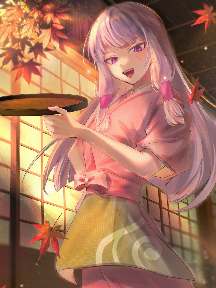 1girl, absurdres, agria_(tales), agria_(waitress)_(tales), autumn_leaves, commission, freckles, hair_rings, highres, holding, holding_tray, japanese_clothes, kimono, leaf, long_hair, low-tied_sidelocks, moeg_1, nakai_(waitress), official_alternate_costume, open_mouth, purple_kimono, sidelocks, smile, tales_of_(series), tales_of_asteria, tales_of_xillia, tray, white_hair, yukata