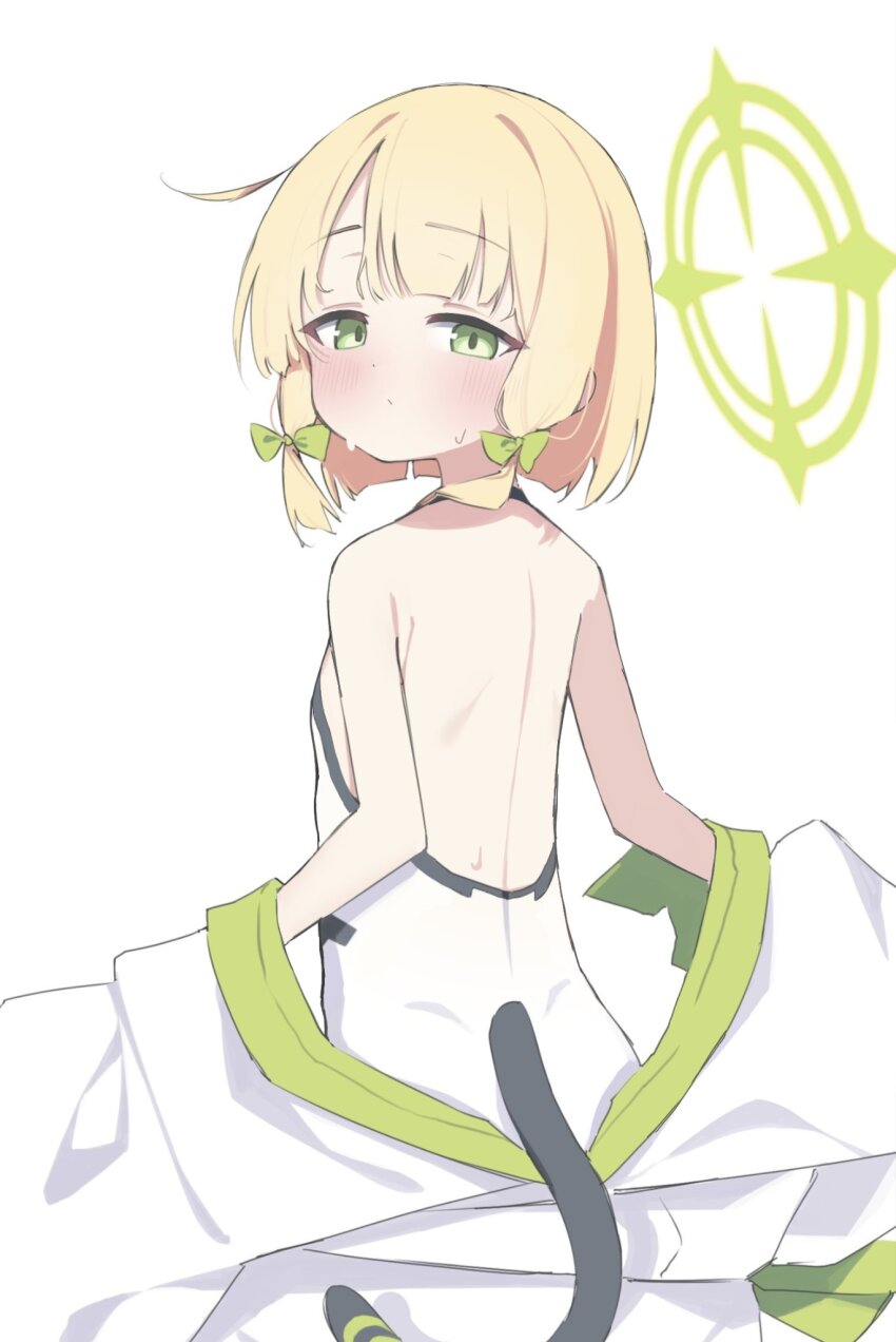 1girl, back, blonde_hair, blue_archive, cat_tail, flat_chest, green_eyes, halo, highres, loli, looking_back, medium_hair, midori_(blue_archive), sitting, suta0822, tail, undressing, white_background