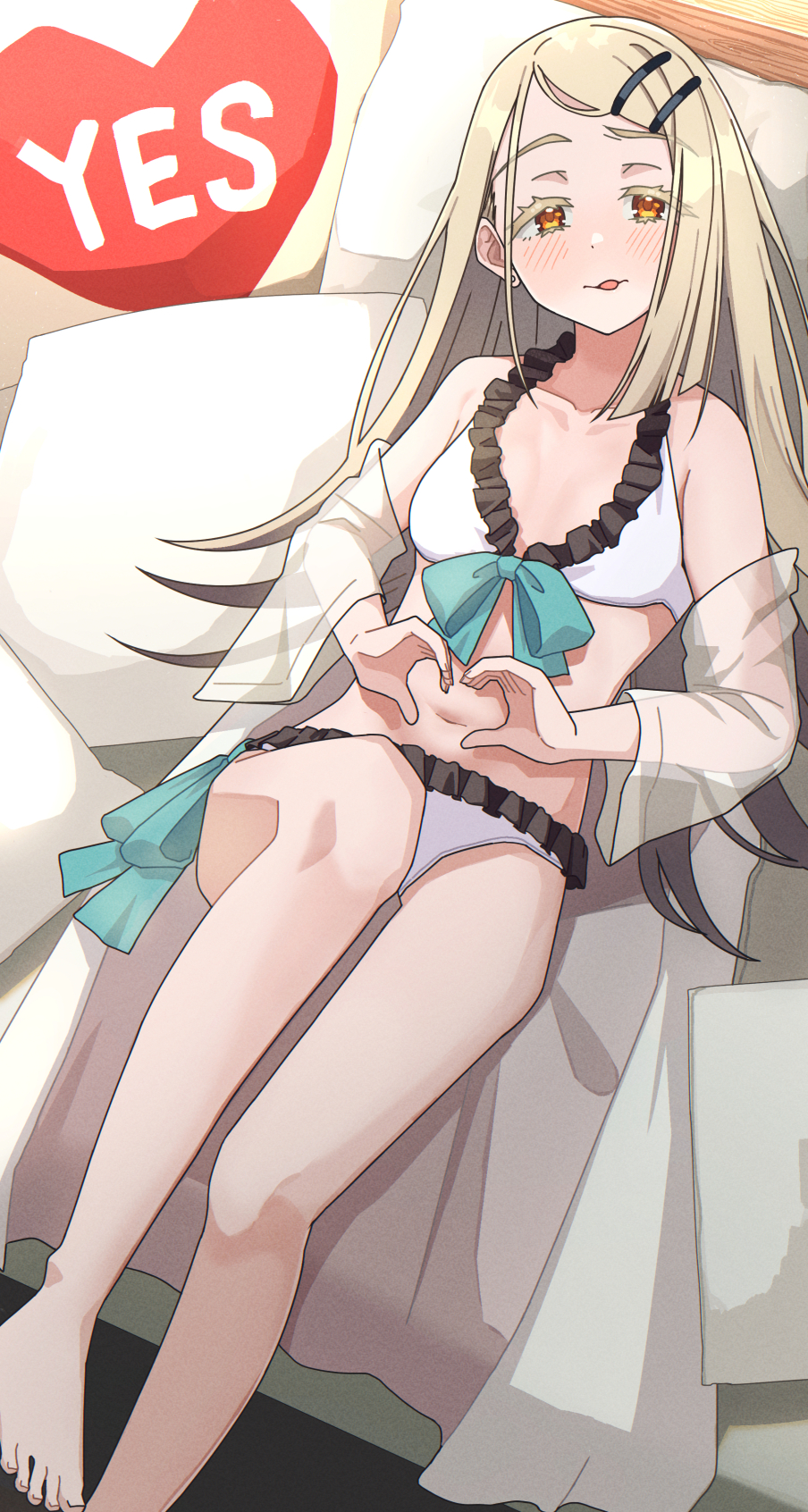 1girl, barefoot, bikini, blonde_hair, blue_bow, blush, bow, bow_bikini