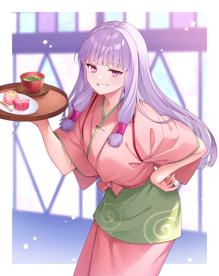 1girl, absurdres, agria_(tales), agria_(waitress)_(tales), blush, commission, e_(eokiba), food, freckles, green_tea, grin, hair_rings, hand_on_own_hip, highres, holding, holding_tray, japanese_clothes, kimono, long_hair, low-tied_sidelocks, nakai_(waitress), official_alternate_costume, purple_eyes, purple_kimono, sidelocks, smile, solo, tales_of_(series), tales_of_asteria, tales_of_xillia, tea, tray, white_hair, window, yukata