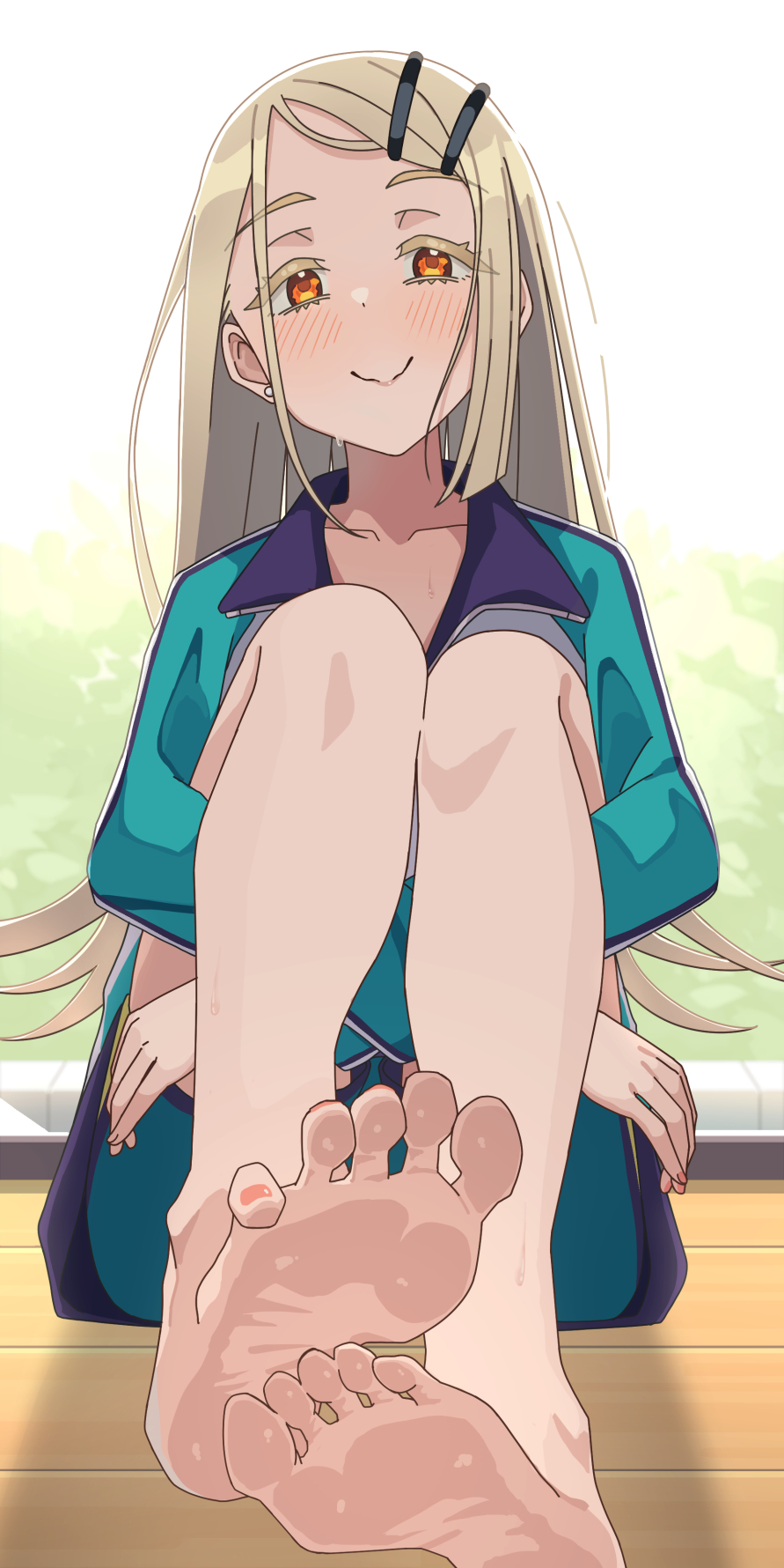 1girl, barefoot, blonde_hair, blue_jacket, blue_shorts, blush, collarbone, commentary_request