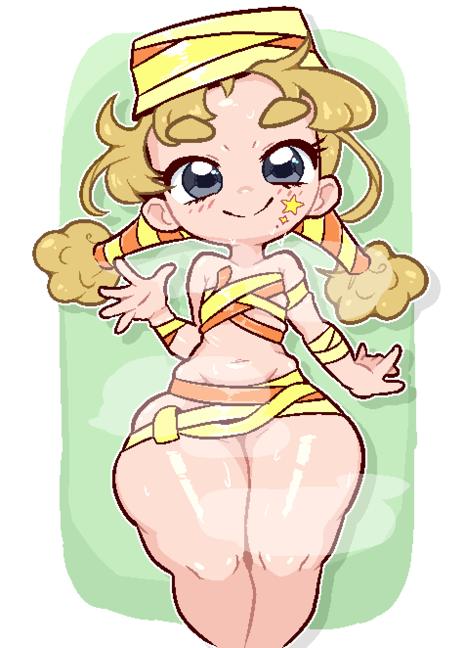 1girl, alpha_transparency, blonde_hair, calamity33, closed_mouth, female_focus, flat_chest, grey_eyes, highres, legs_together, looking_at_viewer, medium_hair, minto_wada, naked_ribbon, navel, ojamajo_doremi, orange_ribbon, ribbon, shiny_skin, smile, solo, star_(symbol), sweat, thick_thighs, thighs, twintails, waving, yellow_ribbon