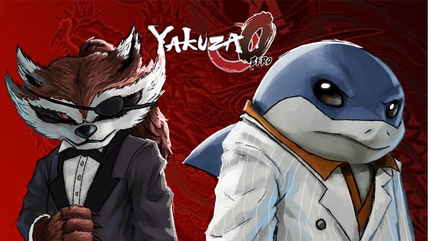 1boy, black_jacket, brown_fur, commentary, copyright_logo, copyright_name, cosplay, crossover, derivative_work, english_commentary, eyepatch, furry, furry_male, guardians_of_the_galaxy, highres, jacket, jeff_(marvel), kiryu_kazuma, kiryu_kazuma_(cosplay), logo, looking_at_viewer, majima_goro, majima_goro_(cosplay), marvel, marvel_rivals, orange_shirt, parody, pinstripe_jacket, pinstripe_pattern, pocho22059768, ponytail, raccoon, red_background, rocket_raccoon, ryuu_ga_gotoku_(series), ryuu_ga_gotoku_0, shark, shark_fin, shirt, tuxedo, upper_body, video_game_cover_redraw, white_jacket, white_shirt