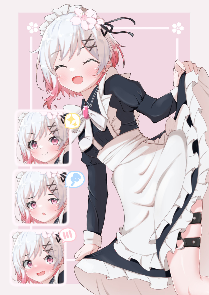 1girl, belt, blush, closed_eyes, clothes_lift, commentary_request, flower, flower_ornament