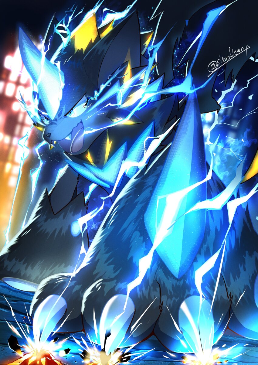 1other, absurdres, blue_eyes, claws, commentary_request, electricity, fangs, furry, gen_7_pokemon, highres, horns, legendary_pokemon, looking_ahead, mega_pokemon, mega_zeraora, mythical_pokemon, nintendo, open_mouth, other_focus, pokemon, pokemon_(creature), single_horn, sisualicon, solo, twitter_username, zeraora