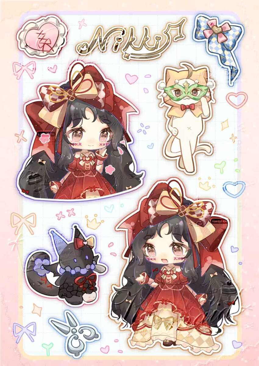 1girl, :3, ahoge, animal, argyle_bow, argyle_clothes, argyle_dress, black_hair