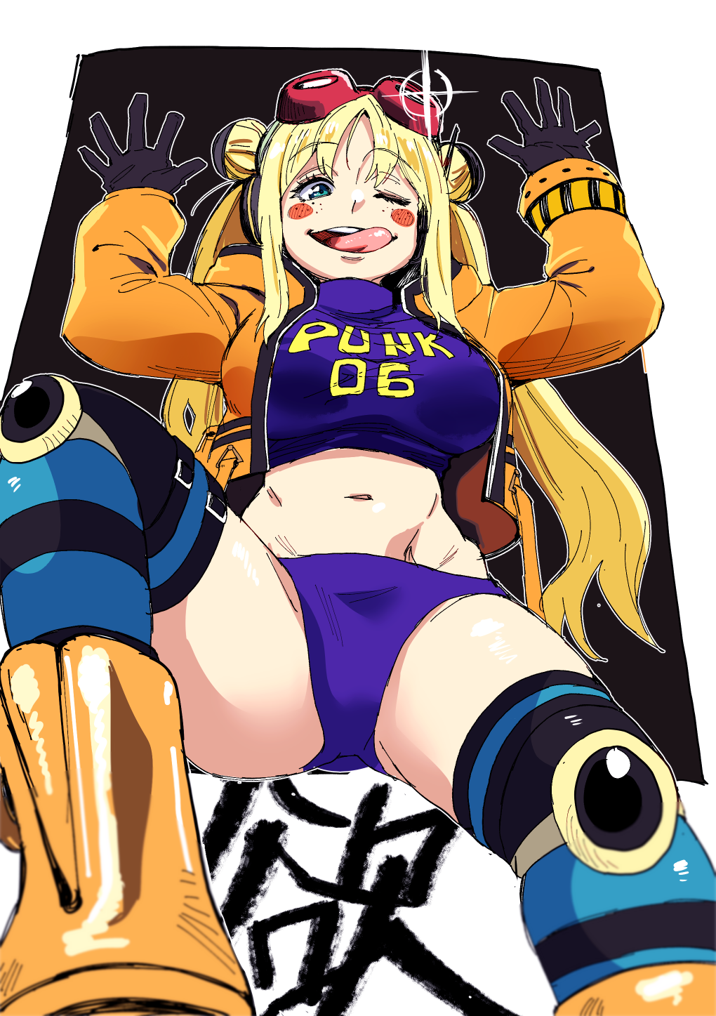 1girl, ass, belly, bikini, black_gloves, blonde_hair, boots, breasts, crop_top, double_bun, freckles, full_body, gloves, goggles, goggles_on_head, green_eyes, hair_bun, headphones, highres, jacket, large_breasts, long_hair, looking_at_viewer, navel, one_eye_closed, one_piece, onuma_kuma, open_clothes, open_jacket, orange_boots, orange_jacket, purple_bikini, purple_penis, revealing_clothes, sitting, smile, solo, swimsuit, thong, tongue, tongue_out, vegapunk_york