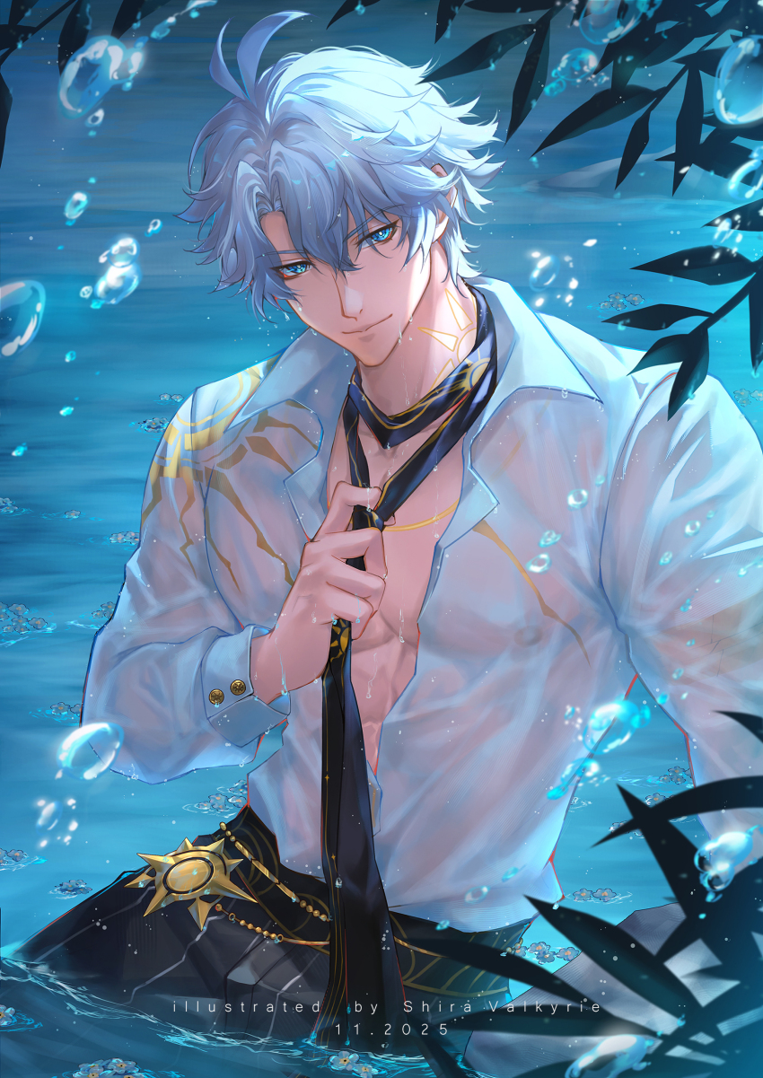 1boy, absurdres, ahoge, artist_name, black_necktie, black_pants, blue_eyes, branch