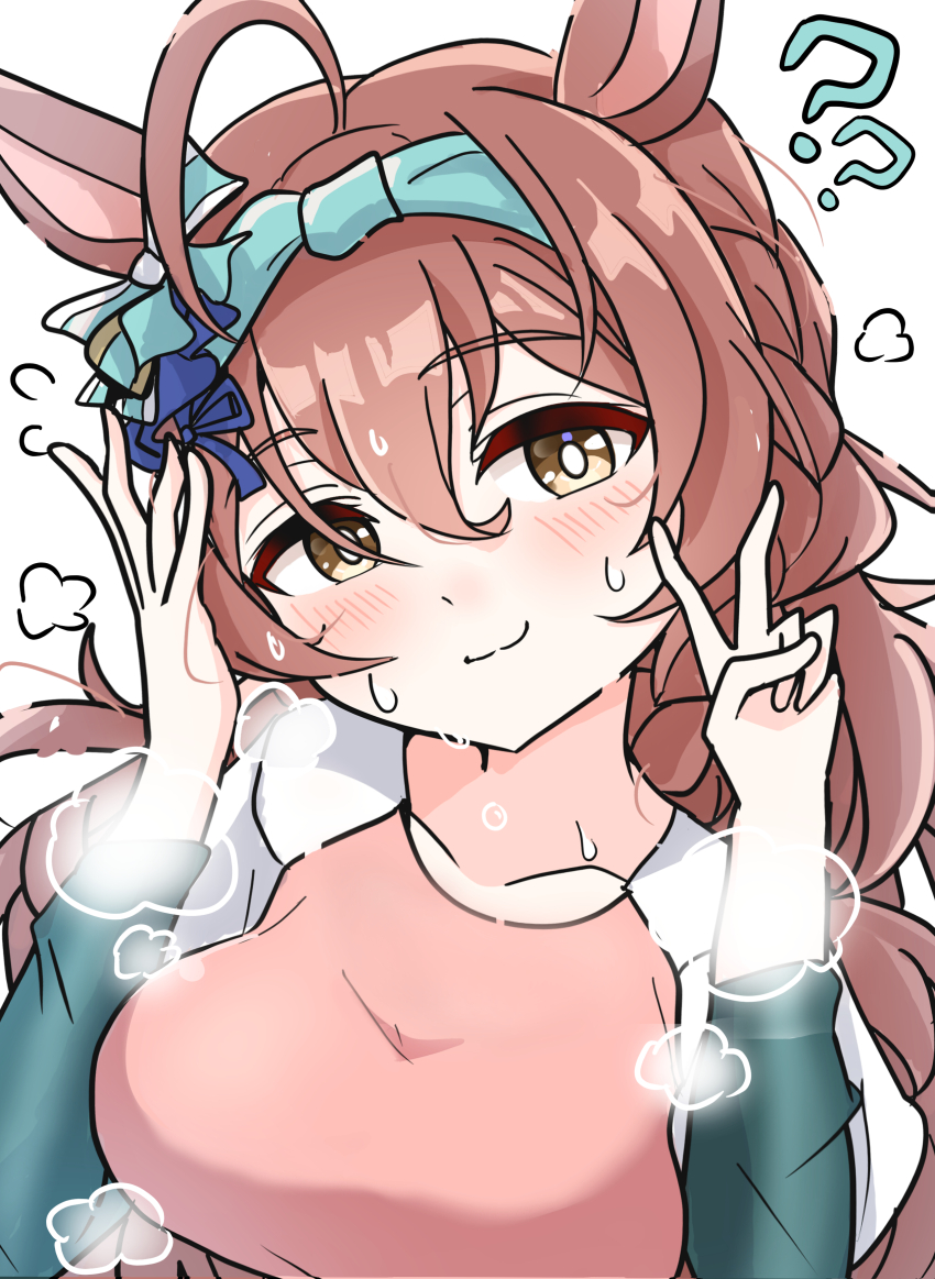 1girl, absurdres, ahoge, animal_ears, arnolddayo, blush, breasts, brown_eyes