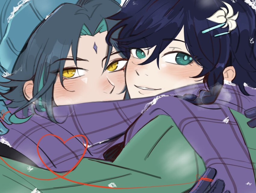 2boys, blush, braid, colored_inner_hair, commentary, couple, ear_blush, english_commentary