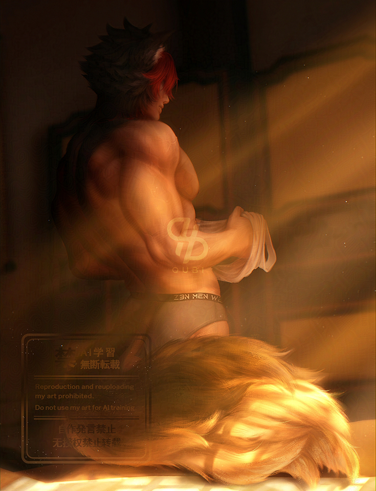 1boy, animal_ears, ass, back, back_hair, black_hair, briefs, closed_mouth, commentary, dog_boy, english_commentary, from_behind, grey_male_underwear, holding, holding_shirt, holding_unworn_clothes, indoors, komano_manato, male_focus, male_underwear, multicolored_hair, muscular, muscular_male, nipples, nude, pectorals, qubi, red_hair, shirt, short_hair, solo, standing, sunlight, tail, tank_top, topless_male, two-tone_hair, underwear, underwear_only, unworn_shirt, watermark, white_tank_top, zenless_zone_zero