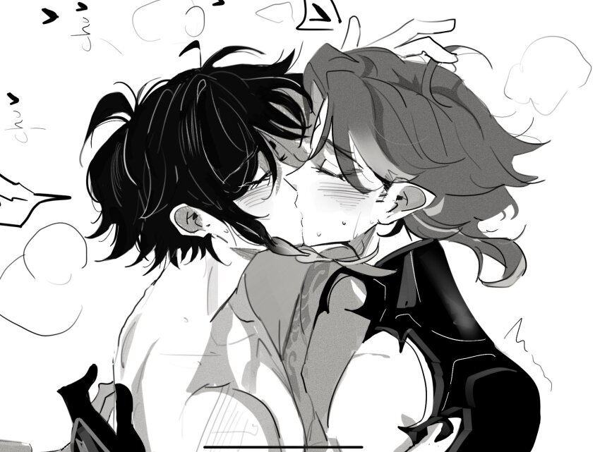 2boys, blush, braid, commentary, english_commentary, french_kiss, from_side, genshin_impact