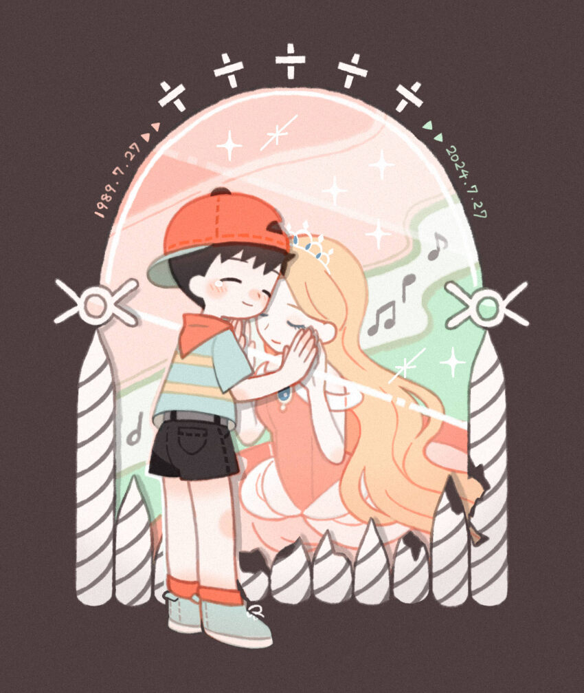 1boy, 1girl, baseball_cap, belt, black_hair, blonde_hair, blue_shoes, commentary_request