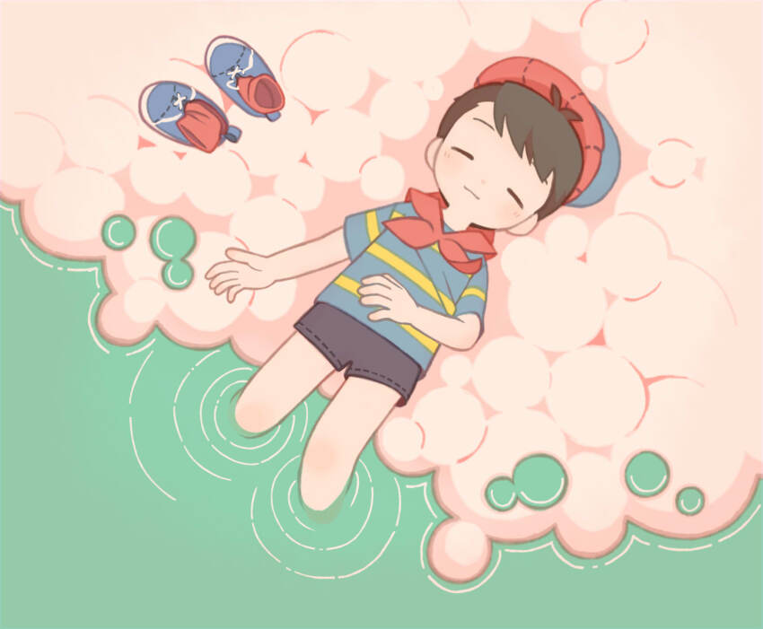 1boy, baseball_cap, black_hair, blue_shoes, blush, closed_eyes, closed_mouth, commentary_request