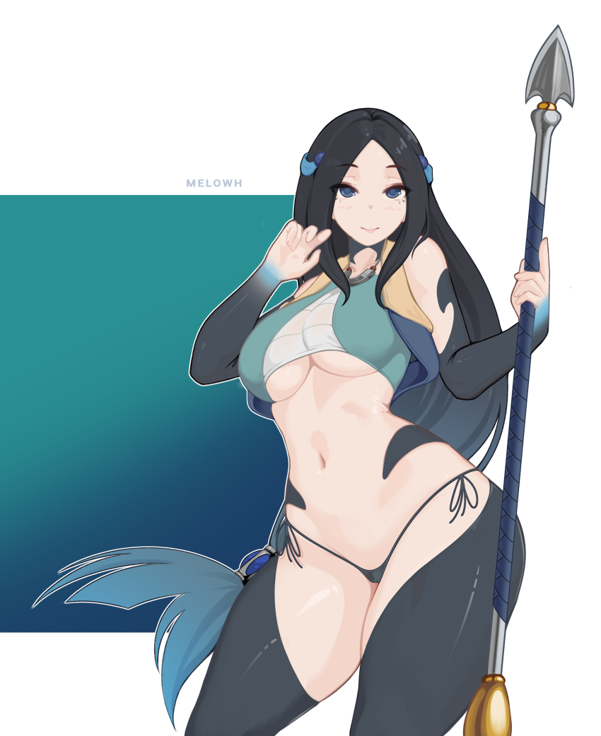 1girl, absurdres, artist_name, black_hair, black_panties, black_thighhighs, blue_eyes, blue_hair, breasts, closed_mouth, commentary, gradient_background, gradient_hair, green_background, highres, holding, holding_polearm, holding_weapon, long_hair, medium_breasts, melowh, multicolored_hair, panties, polearm, sadina_(tate_no_yuusha_no_nariagari), side-tie_panties, smile, solo, standing, tate_no_yuusha_no_nariagari, thighhighs, thighs, two-tone_background, underboob, underwear, weapon, white_background