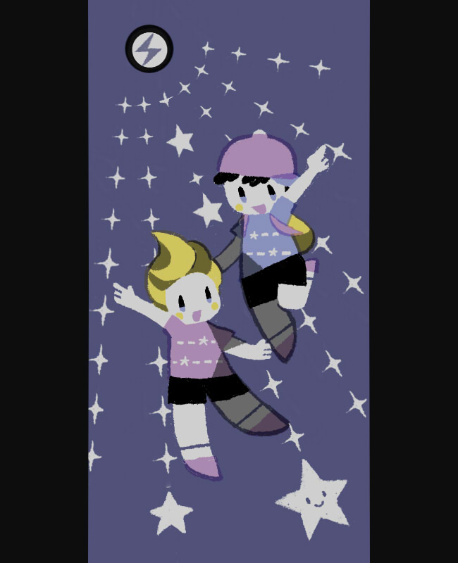 2boys, arm_up, backpack, bag, blonde_hair, blush_stickers, commentary_request, franklin_badge