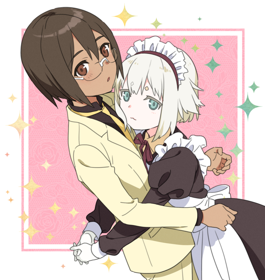 1boy, 1girl, :3, alternate_costume, apron, blue_eyes, brown_eyes, brown_hair