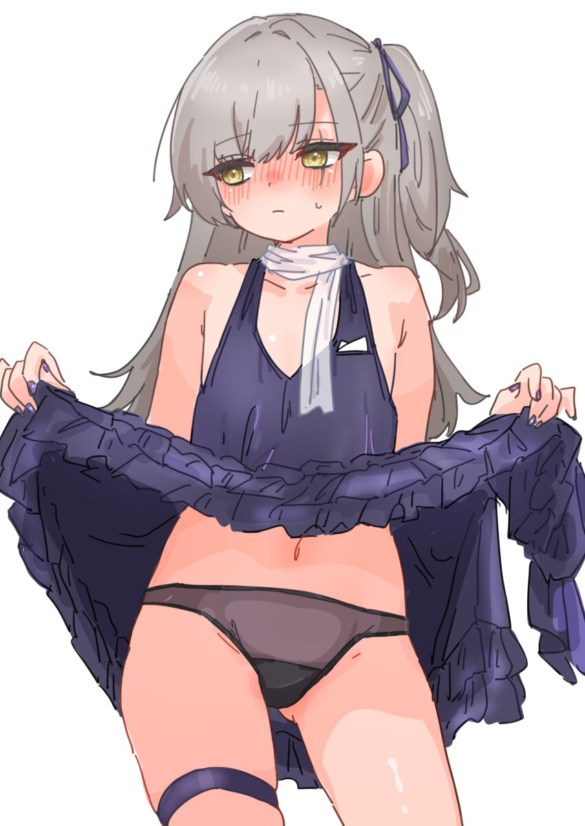 1girl, absurdres, averting_eyes, black_panties, blush, brown_hair, closed_mouth, clothes_lift