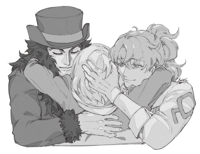 1girl, 2boys, artist_name, bvixii, closed_eyes, closed_mouth, commentary, cropped_torso