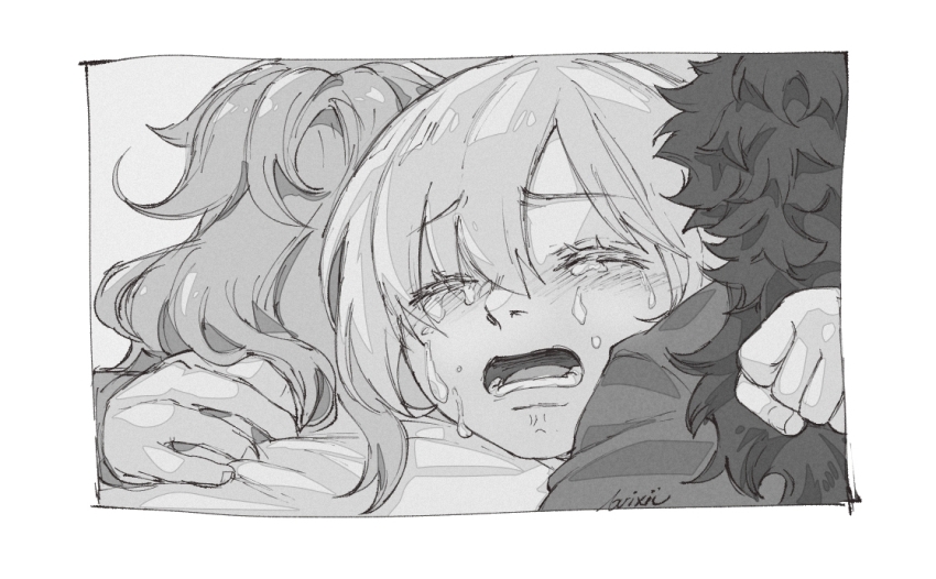 1girl, 2boys, artist_name, border, bvixii, clenched_hand, commentary, crying
