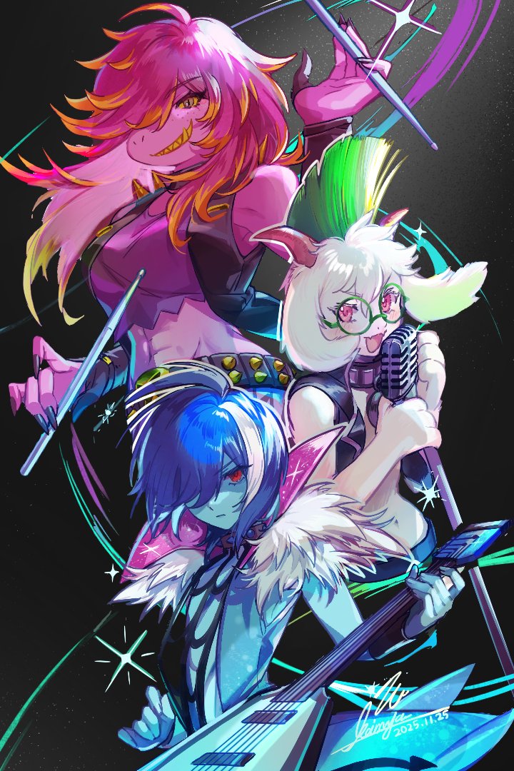 1boy, 1girl, 1other, abs, ahoge, animal_ears, bare_shoulders, belt, black_background, black_belt, black_gloves, black_jacket, black_nails, blue_hair, blue_jacket, choker, closed_mouth, colored_sclera, colored_skin, colored_teeth, colored_tips, commentary_request, crop_top, cropped_torso, dated, deltarune, dinosaur_girl, drumsticks, electric_guitar, fangs, fingernails, freckles, fur-trimmed_jacket, fur_trim, glasses, gloves, goat_boy, goat_ears, goat_horns, green-framed_eyewear, green_hair, grin, guitar, hair_over_one_eye, holding, holding_drumsticks, holding_guitar, holding_instrument, holding_microphone, horns, instrument, jacket, kaimya1118, kris_(dark_world)_(deltarune), kris_(deltarune), kris_(lightners_live)_(deltarune), long_fingernails, long_hair, looking_at_viewer, microphone, microphone_stand, mohawk, monster_girl, multicolored_hair, one_eye_covered, open_mouth, partially_fingerless_gloves, pink_eyes, pink_hair, pink_skin, purple_shirt, ralsei, ralsei_(lightners_live), red_eyes, round_eyewear, sharp_fingernails, sharp_teeth, shirt, signature, sleeveless, sleeveless_jacket, smile, sparkle, spiked_choker, spikes, studded_belt, susie_(dark_world)_(deltarune), susie_(deltarune), susie_(lightners_live)_(deltarune), teeth, toned, toned_female, two-tone_hair, utdr_(toby_fox), yellow_eyes, yellow_sclera, yellow_teeth