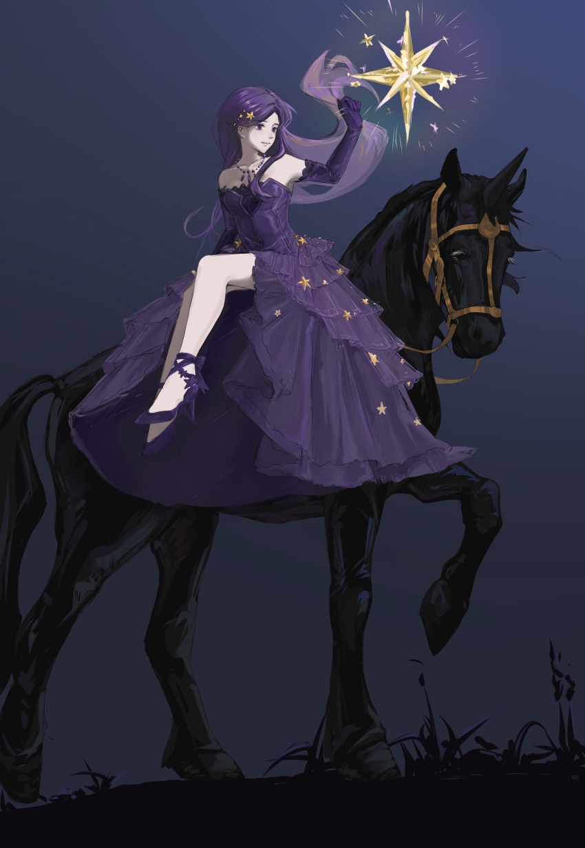 1girl, absurdres, ankle_bow, ankle_ribbon, bare_legs, bare_shoulders, blue_sky, bow, chinese_commentary, closed_mouth, commentary_request, dress, duifangzhengzaishuru82069, elbow_gloves, floating_hair, full_body, gloves, gown, grass, hair_ornament, happy, hexagram, high_heels, highres, horseback_riding, jewelry, lace, lace-trimmed_gloves, lace_trim, leg_ribbon, long_dress, long_hair, long_sidelocks, looking_at_object, making-of_available, necklace, night, nikki_(series), outdoors, outstretched_hand, pleated_dress, print_dress, procreate_(medium), purple_bow, purple_dress, purple_eyes, purple_gloves, purple_hair, purple_ribbon, purple_shoes, ribbon, riding, shoes, sidelocks, sitting, sky, smile, solo, star_(symbol), star_hair_ornament, star_necklace, star_print, star_sea_(nikki), strapless, strapless_dress, very_long_hair