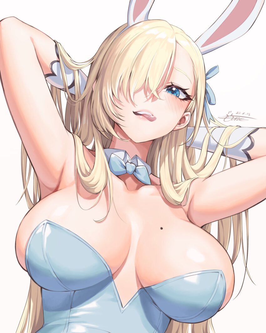 1girl, animal_ear_hairband, animal_ears, armpit_peek, asuna_(blue_archive), asuna_(bunny)_(blue_archive), asymmetrical_bangs, blonde_hair