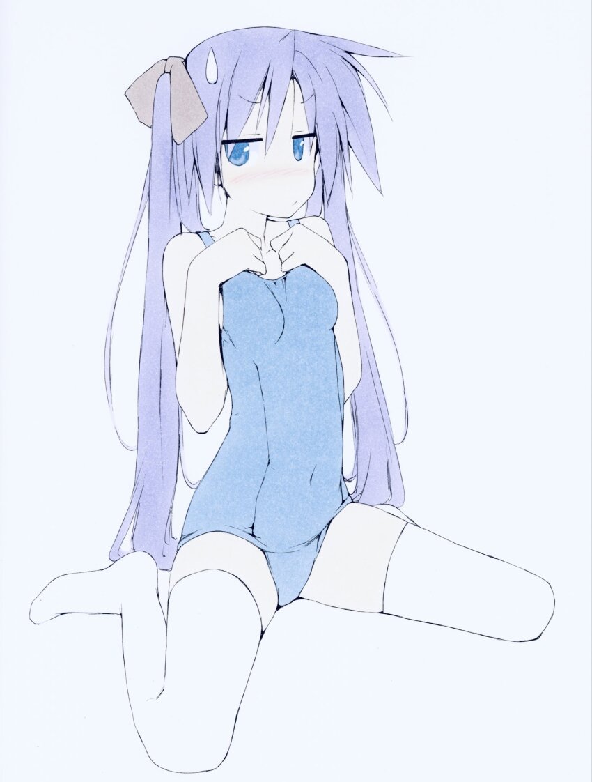 1girl, blue_eyes, blue_one-piece_swimsuit, blush, covered_navel, highres, hiiragi_kagami, jitome