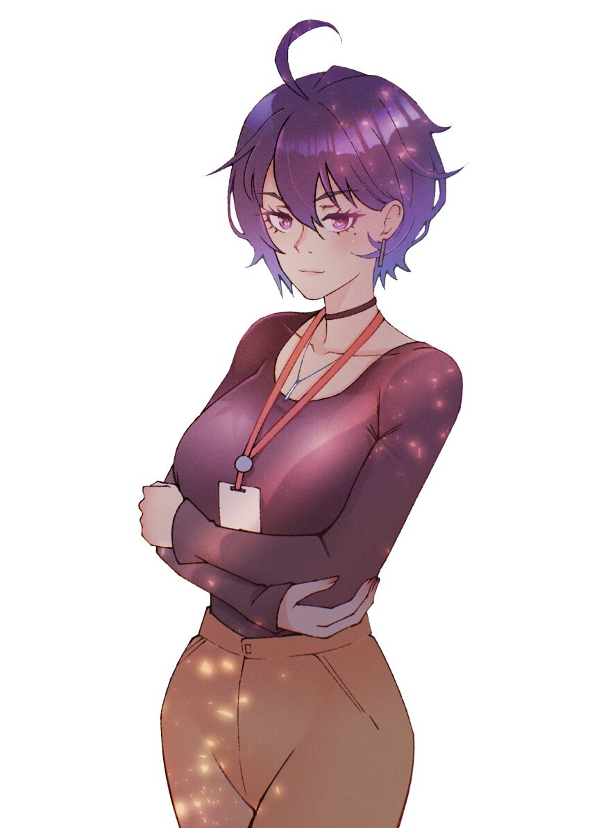 1girl, ahoge, anna_ayasaki, arms_under_breasts, black_choker, breasts, brown_pants, choker