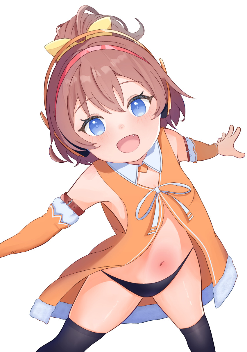 1girl, :d, absurdres, armband, bare_shoulders, black_panties, blue_eyes, blush, brown_hair, chunithm, commentary_request, detached_sleeves, fang, fur_trim, hair_between_eyes, hair_ribbon, hairband, highres, hinata_chinatsu, loli, looking_at_viewer, navel, nn_nks, ongeki, open_mouth, outstretched_arms, panties, ponytail, ribbon, short_hair, sky_feather_(chunithm), smile, solo, spread_arms, striped_background, thighhighs, underwear, v-shaped_eyebrows, white_background