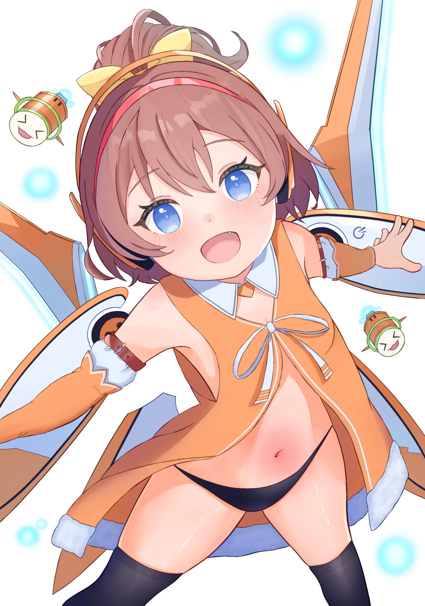1girl, :d, absurdres, armband, bare_shoulders, black_panties, blue_eyes, blush, brown_hair, chunithm, commentary_request, detached_sleeves, fang, flat_chest, hair_between_eyes, hairband, highres, hinata_chinatsu, loli, looking_at_viewer, navel, nn_nks, ongeki, open_mouth, outstretched_arms, panties, ponytail, ribbon, shirt, short_hair, sky_feather_(chunithm), smile, solo, spread_arms, standing, thighhighs, underwear, v-shaped_eyebrows