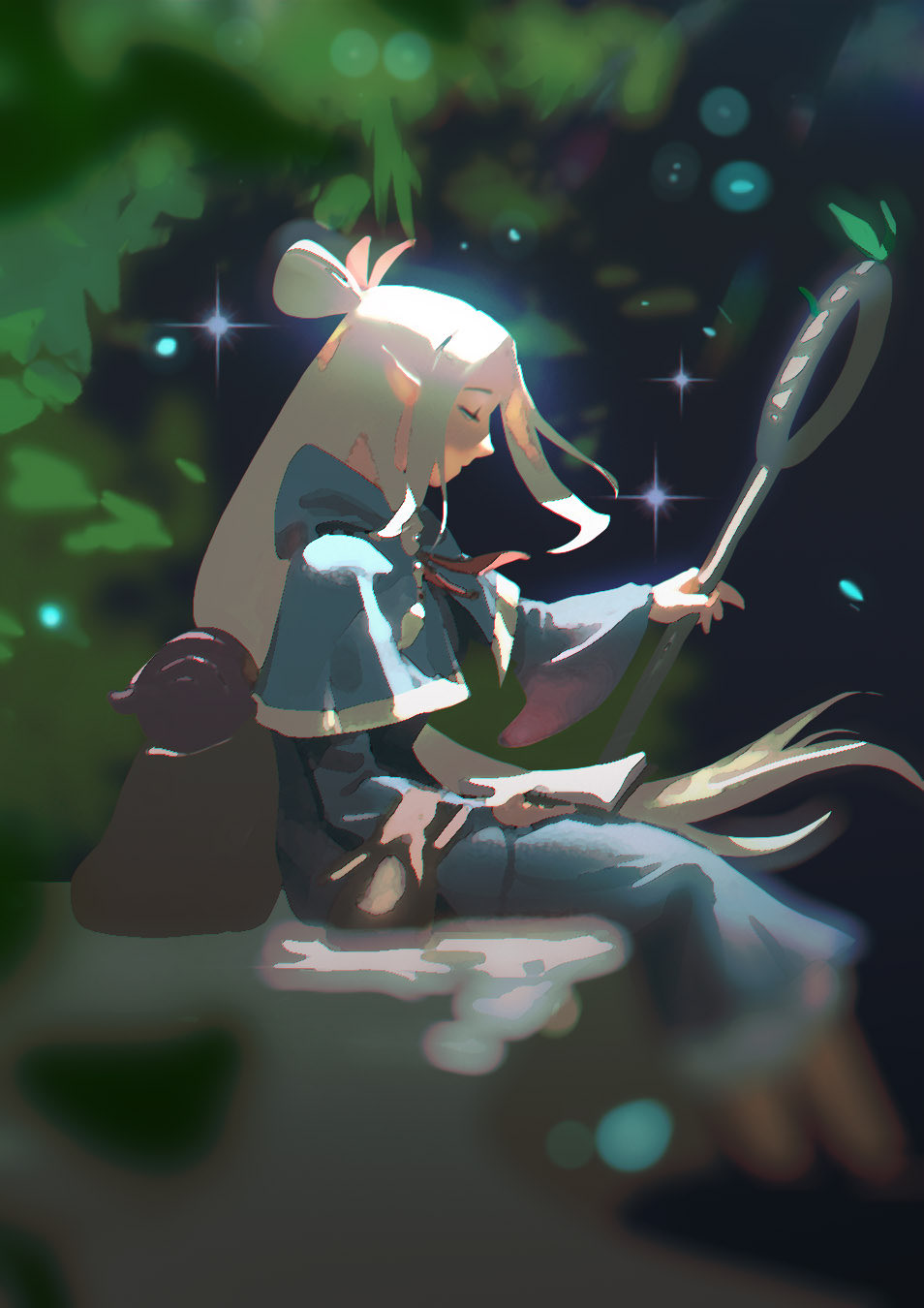 1girl, ambrosia_(dungeon_meshi), blonde_hair, blue_capelet, blue_dress, book, capelet, commentary