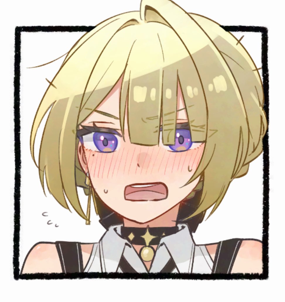 1girl, bare_shoulders, black_choker, blonde_hair, blush, choker, commentary_request, earrings