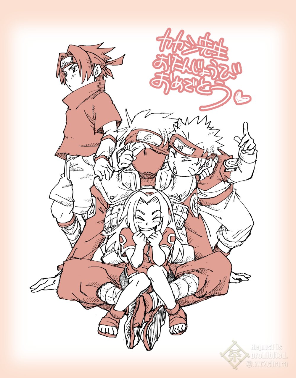 1girl, 3boys, chara_no7, closed_eyes, commentary_request, flak_jacket, forehead_protector, greyscale, hairband, haruno_sakura, hatake_kakashi, headband, highres, indian_style, jacket, konohagakure_shinobi_uniform, mask, monochrome, mouth_mask, multiple_boys, naruto_(classic), naruto_(series), one_eye_covered, open-toe_shoes, open_mouth, pants, sitting, sitting_on_lap, sitting_on_person, smile, team_7_(naruto), translation_request, twitter_username, uchiha_sasuke, uzumaki_naruto, watermark