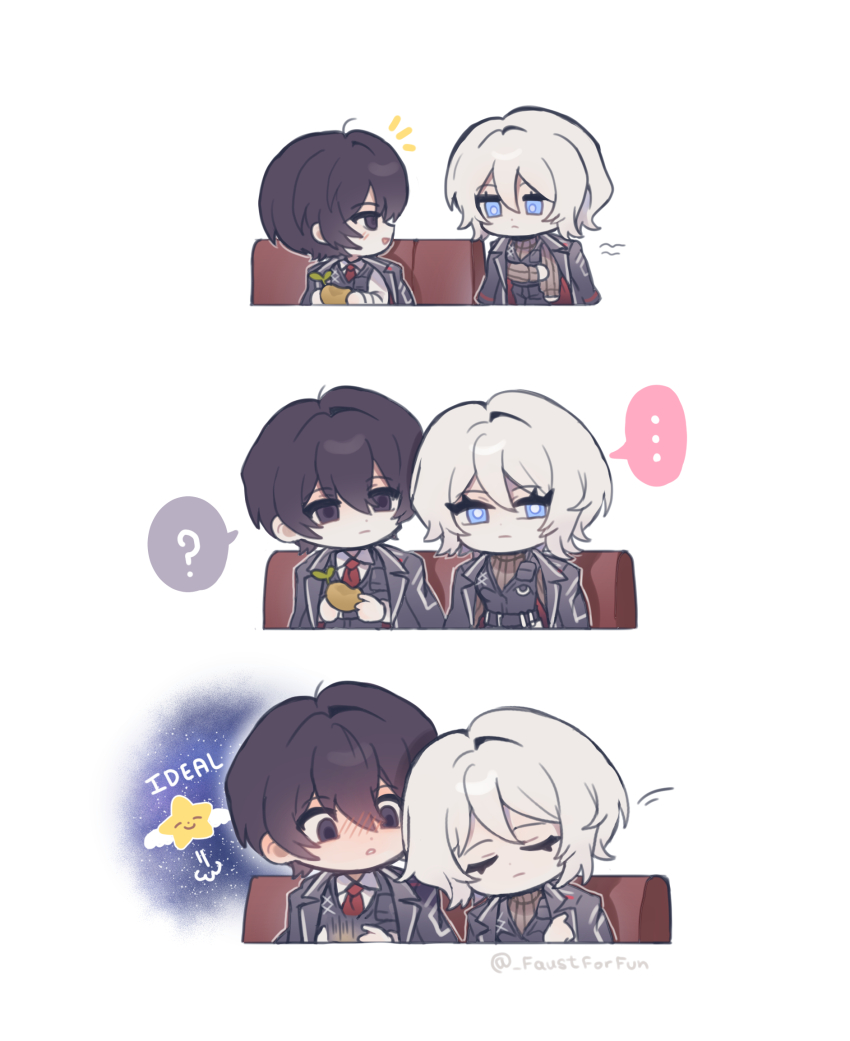 ..., 1boy, 1girl, ?, black_coat, black_vest, blue_eyes, blush