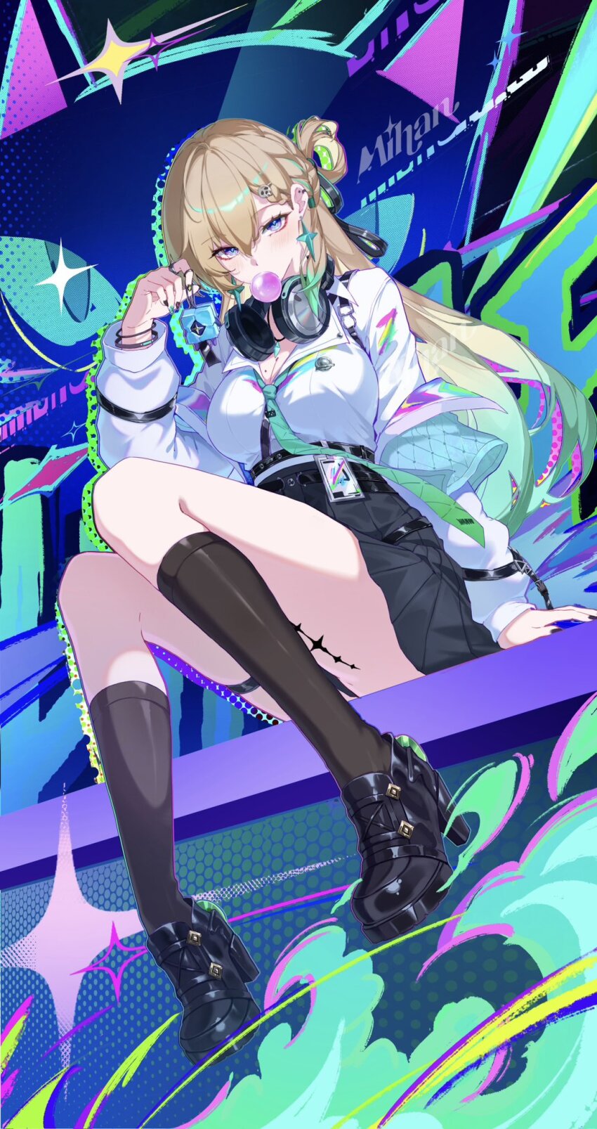 1girl, aqua_necktie, artist_name, black_nails, black_shoes, black_skirt, black_socks, blonde_hair