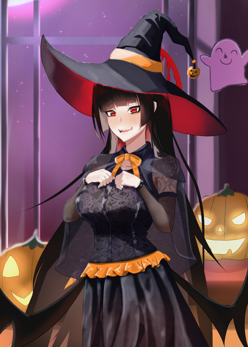 1girl, absurdres, alternate_costume, black_dress, black_hair, blood, blood_halo, blue_archive, breasts, commentary_request, doodle_sensei_(blue_archive), dress, fang, frilled_dress, frills, ghost, halloween, halloween_costume, halo, hands_on_own_chest, hat, highres, hime_cut, jack-o'-lantern, large_breasts, light_blush, liquid_halo, long_hair, low_wings, open_mouth, orange_ribbon, pumpkin, red_eyes, red_halo, ribbon, sabo10_fighter, sensei_(blue_archive), sky, smile, tsurugi_(blue_archive), very_long_hair, window, wings, witch_hat