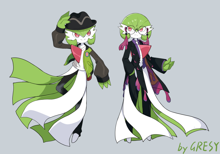 2girls, absurdres, adjusting_clothes, adjusting_headwear, arm_up, artist_name, barefoot, black-framed_eyewear, black_coat, black_hat, black_pants, black_sleeves, bob_cut, closed_mouth, clothed_pokemon, coat, collared_shirt, colored_skin, corbeau_(pokemon), corbeau_(pokemon)_(cosplay), cosplay, female_focus, flat_chest, formal_clothes, full_body, gardevoir, gen_3_pokemon, glasses, green_hair, green_jacket, green_skin, gresy, grey_background, hair_between_eyes, hand_in_pocket, hand_up, happy, hat, highres, jacket, leg_up, long_sleeves, looking_to_the_side, multicolored_skin, multiple_girls, necktie, nintendo, no_feet, open_clothes, open_coat, open_jacket, pants, paxton_(pokemon), paxton_(pokemon)_(cosplay), pocket, poke_ball_symbol, pokemon, pokemon_(creature), pokemon_legends:_z-a, pouch, purple_shirt, raglan_sleeves, red_eyes, round_eyewear, serious, shirt, short_hair, signature, simple_background, smile, split_mouth, standing, standing_on_one_leg, striped_hat, suit, two-tone_skin, v-neck, white_necktie, white_shirt, white_skin