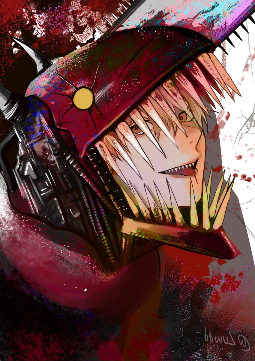1boy, @_(symbol), artist_name, blonde_hair, blood, brown_eyes, chainsaw, chainsaw_man
