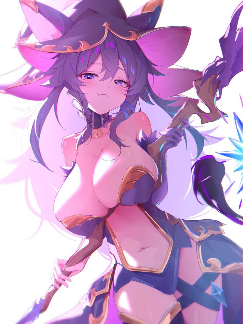 1girl, 25omega25, :3, bare_shoulders, bell, breasts, cleavage, closed_mouth