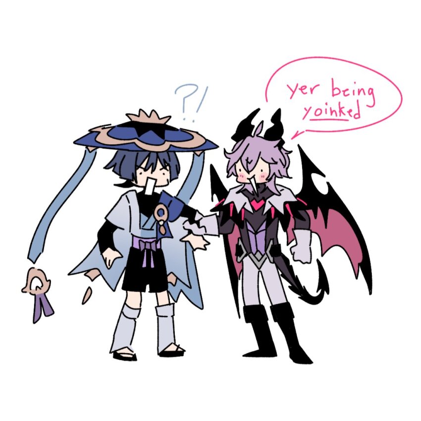 !?, ._., 2boys, ahoge, aracanthus38633, arms_at_sides, black_bodysuit, black_boots