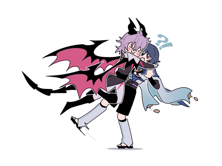 !?, 2boys, aracanthus38633, artist_name, black_boots, black_bow, black_coat, black_horns, black_sandals, black_shorts, black_tail, blank_eyes, blue_cape, blue_kimono, blunt_ends, blush, boots, bow, bridal_legwear, cape, closed_eyes, coat, coattails, commentary, dragon_boy, dragon_horns, dragon_tail, dragon_wings, durin_(genshin_impact), english_commentary, feathers, furisode, genshin_impact, grey_hair, highres, horns, hug, japanese_clothes, juban, kimono, leg_warmers, mini_durin_(genshin_impact), motion_lines, multiple_boys, o_o, open_clothes, open_kimono, open_mouth, pants, pink_hair, pom_pom_(clothes), purple_sash, red_wings, sandals, sash, scaramouche_(genshin_impact), shorts, stirrup_legwear, tail, tailcoat, toeless_legwear, wanderer_(genshin_impact), white_kimono, white_leg_warmers, white_mouth, white_pants, wings, yellow_feathers, zouri