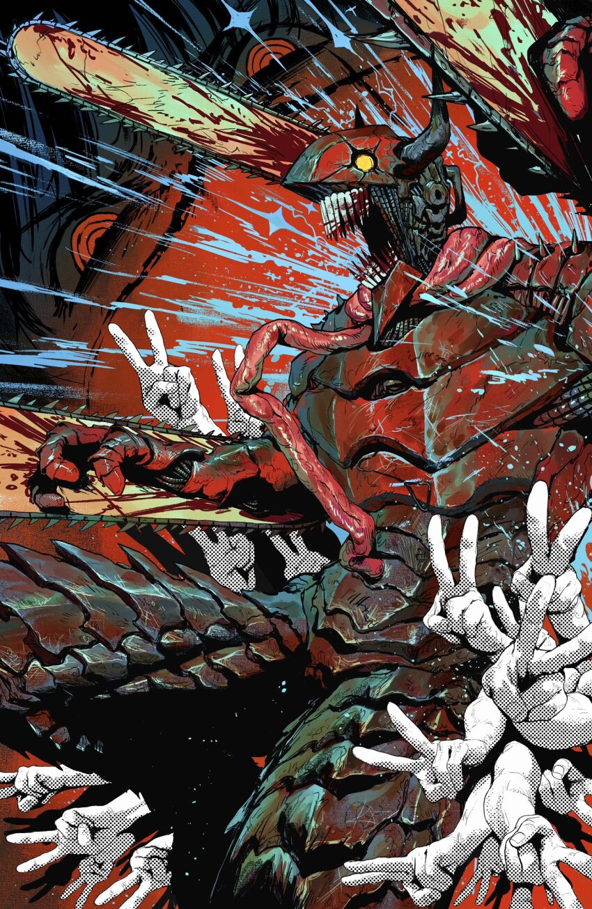 1boy, 1girl, black_hair, blood, bloody_weapon, bright_pupils, chainsaw, chainsaw_man, commentary_request, cowboy_shot, cross_scar, demon, demon_horns, denji_(chainsaw_man), denji_man_(chainsaw_man), facial_scar, highres, horns, intestine_clothing, intestines, open_mouth, pull_cord, ringed_eyes, scar, scar_on_cheek, scar_on_face, sharp_teeth, solo_focus, subbaru, teeth, v, weapon, yellow_eyes, yoru_(chainsaw_man)