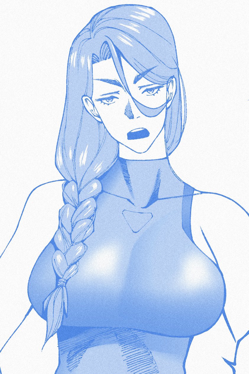 1girl, blue_theme, braid, breasts, commentary, english_commentary, hair_between_eyes, highres, josephine_jonouichi, large_breasts, long_hair, looking_at_viewer, monochrome, one-piece_swimsuit, open_mouth, original, serious, single_braid, solo, studionice2011, swimsuit, upper_body