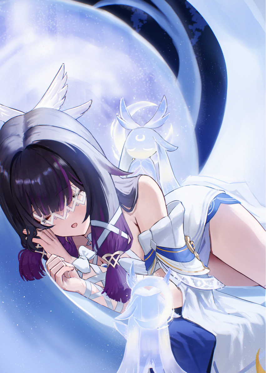 1girl, ayul_(ayulneri_92), bare_shoulders, black_hair, blue_dress, blush, breasts, closed_eyes