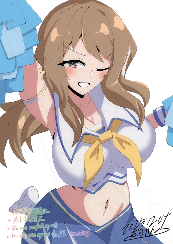 1girl, ;d, aizawa_kazuha, aizawa_kazuha_(cosplay), arm_strap, arm_up, artist_name, assault_lily