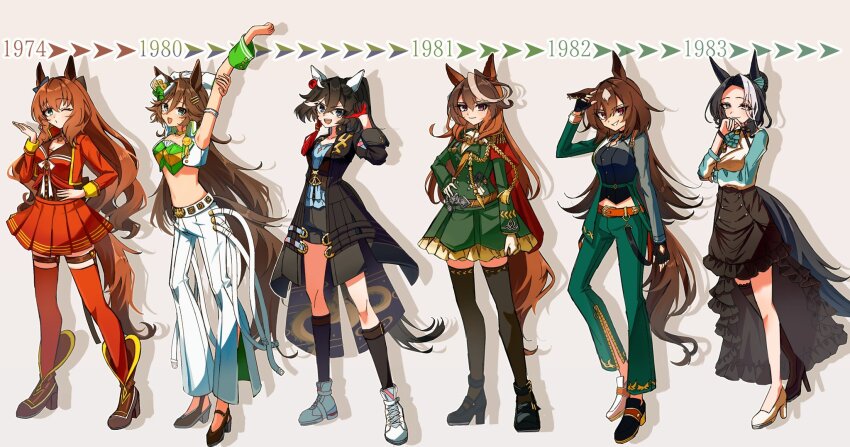 1974, 1980, 1981, 1982, 1983, 6+girls, aiguillette, animal_ears