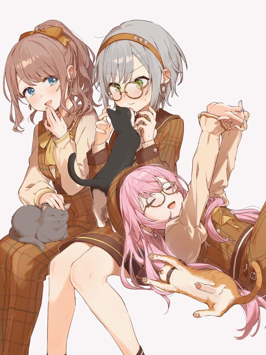 3girls, animal, animal_on_lap, bare_legs, beret, bespectacled, blue_eyes, blush, bow, bowtie, british_shorthair, brooch, brown-framed_eyewear, brown_bow, brown_bowtie, brown_dress, brown_hair, brown_hairband, brown_pants, brown_shirt, brown_vest, cat, cat_on_lap, closed_eyes, dragon_li_cat, dress, earrings, gem, glasses, green_eyes, grey_hair, hair_bow, hairband, hand_up, hands_up, happy_enjoy_music!_(project_sekai), hat, highres, hinomori_shiho, jewelry, leo/need_luka, long_hair, long_sleeves, lying, medium_hair, megurine_luka, mochizuki_honami, multiple_girls, nose_blush, official_alternate_costume, official_alternate_hairstyle, on_back, on_lap, open_mouth, outstretched_arm, pants, petting, pink_hair, plaid_clothes, plaid_dress, plaid_hat, plaid_pants, plaid_vest, project_sekai, shirt, short_hair, smile, stretching, sweatdrop, tuxedo_cat, uminokaisen, vest, vocaloid, white_gem